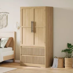 Bedroom Wooden Armoire Wardrobe Closet, Freestanding Wardrobe Armoire Cabinet With Glass/Wood Doors And 2 Drawers, Shelves & Hanging Rod -Baxton Studio Sale Shop GUEST 0029c40c da55 4d4f bf90 36e0bf253daf