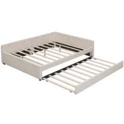 Full/Queen Size Upholstered Platform Bed With USB Ports, Modern Daybed With Trundle, Beige - ModernLuxe -Baxton Studio Sale Shop GUEST 0084f8a4 5395 410f 81e0 e21184ad42b7