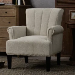 Accent Rivet Tufted Polyester Armchair-ModernLuxe -Baxton Studio Sale Shop GUEST 02922ae2 c4e9 46f5 ad4b 14a4efe56a7d