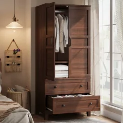 Armoire Wardrobe Closet With 2 Drawers,72" Wooden Tall Clothing Wardrobe Cabinet With Hanging Rod, Armoire With Doors Adjustable Shelves For Bedroom -Baxton Studio Sale Shop GUEST 02a61e76 f419 45dc bb2d 4f4ae8d0a825