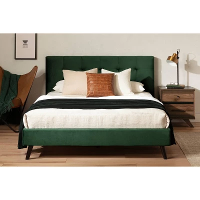 Queen Flam Upholstered Complete Platform Bed Dark Green - South Shore 2 Queen Flam Upholstered Complete Platform Bed Dark Green - South Shore - Image 2