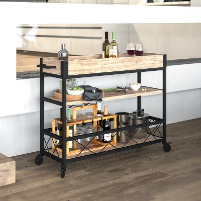 Flash Furniture Buckhead Distressed Light Oak Wood And Iron Kitchen Serving And Bar Cart With Wine Glass Holders 1 Flash Furniture Buckhead Distressed Light Oak Wood And Iron Kitchen Serving And Bar Cart With Wine Glass Holders