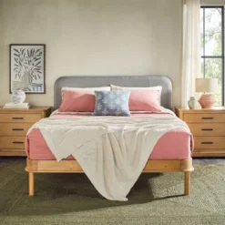 Walker Edison Saracina Home Contemporary Solid Wood And Curved Fabric Headboard Bed English Oak/Gray