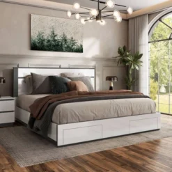 California King Pape Platform Bed With 2 Foot Drawers White/Metallic Gray - MiBasics: Contemporary Storage, No Box Spring Needed -Baxton Studio Sale Shop GUEST 04ea411e 83d6 4f47 973b f34fa6118773