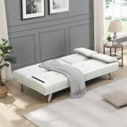 66'' Sofa Bed With Armrest Two Holders WOOD FRAME, STAINLESS LEG, FUTON WHITE PVC -Baxton Studio Sale Shop GUEST 07f37a05 eee1 49d4 b489 1c736a14058f