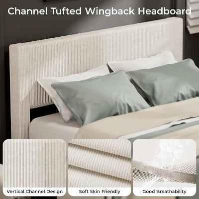 Full/ Queen/King Size Platform Bed Frame With Tufted Wingback Headboard, Corduroy Upholstered, 4 Storage Drawers, Wooden Slats, No Box Spring Needed 4 Full/ Queen/King Size Platform Bed Frame With Tufted Wingback Headboard, Corduroy Upholstered, 4 Storage Drawers, Wooden Slats, No Box Spring Needed - Image 4