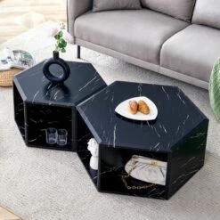 Modern Hexagon Coffee Table Set With Open Storage,2-Piece Wood Grain Marble Pattern MDF Sofa Side Tables For Living Room-Baofuwish -Baxton Studio Sale Shop GUEST 093b44f3 6c76 45e6 a81a 69af552ea02b