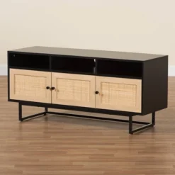 Declan Wood And Natural Rattan 3 Door TV Stand Espresso Brown/Black - Baxton Studio -Baxton Studio Sale Shop GUEST 096d4c73 3ab7 413b 9601 5b16dd7ebe1a
