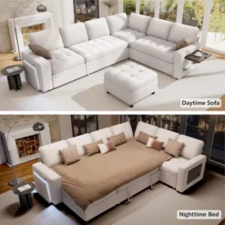 Vipbear 7 Seat L Shaped Modular Sectional Sleeper Sofa Bed With Pull Out Bed/Reclining Backrest/USB Ports/Table/LED Light/Storage Seat, Chenille -Baxton Studio Sale Shop GUEST 0a5bbc69 2649 4758 8ded 41989e2e6565