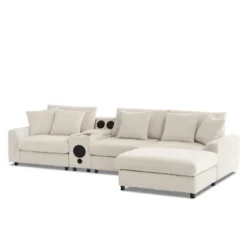 114''W Corduroy L-Shaped Sectional Sofa With Bluetooth Speakers, USB Charger, Cup Holders And Ottoman - ModernLuxe -Baxton Studio Sale Shop GUEST 0a825d59 0946 4ea9 8cb6 b036b3ee38c7