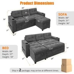 L-Shaped Sleeper Sofa Bed With Pull-Out Mattress, Storage Armrests, Cup Holders & USB, Space Saving Sectional Couch