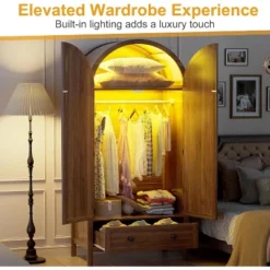 PAKASEPT 70.9‘’ Arched Wooden Armoire Wardrobe Closet With Drawers And Fluted Doors, With Light & Shelves And Hanging Rod, Brown -Baxton Studio Sale Shop GUEST 0f78c053 a18d 4f8b a1ed 1fcea8e8beab