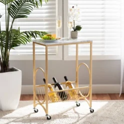 Jacek Metal Wine Cart With Marble Tabletop Gold - Baxton Studio -Baxton Studio Sale Shop GUEST 1043db00 9c5b 4936 8fa8 eb3b6b0919cd