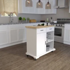 Datto Rolling Kitchen Island With Storage White/Natural - Aiden Lane -Baxton Studio Sale Shop GUEST 10a19e79 7e96 4ea5 bc08 0737094cd0f6