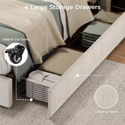 Full/ Queen/King Size Platform Bed Frame With Tufted Wingback Headboard, Corduroy Upholstered, 4 Storage Drawers, Wooden Slats, No Box Spring Needed 3 Full/ Queen/King Size Platform Bed Frame With Tufted Wingback Headboard, Corduroy Upholstered, 4 Storage Drawers, Wooden Slats, No Box Spring Needed - Image 3