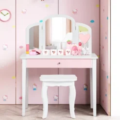 Costway Kids Vanity Set Princess Makeup Dressing Play Table Set W/Mirror White Pink -Baxton Studio Sale Shop GUEST 119a6637 0d33 4ff4 a83c ec7fb68a3db5