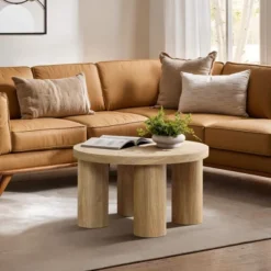 LuxenHome Round Wood Coffee Table With 4 Pillar Legs, 27.5" Modern Farmhouse Oak Finish Low Accent Table With Sturdy Base For Living Room Brown 9 LuxenHome Round Wood Coffee Table With 4 Pillar Legs, 27.5" Modern Farmhouse Oak Finish Low Accent Table With Sturdy Base For Living Room Brown -Baxton Studio Sale Shop GUEST 11e86fed 80f8 4e0f a355 6f7fadd75016