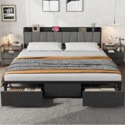 Bed Frame With Storage Headboard, Industrial Platform Bed With 2 Large Drawers And Charging Station, Black No Box Spring Needed Bed Frame -Baxton Studio Sale Shop GUEST 1255078e c0df 4e3d 9913 4770c1e3358e