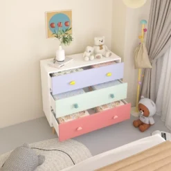 KWPZQEB Kids 3 Drawer Dresser Nightstand For Kids Bedroom, Small Night Stand Modern Storage Chest Of Drawer End Table For Bedroom