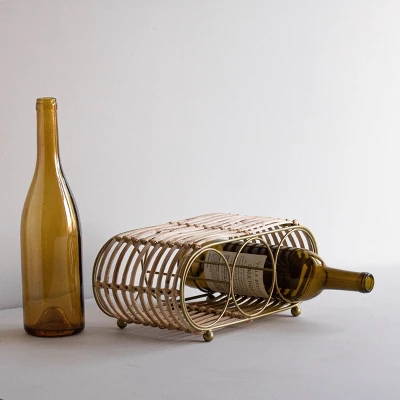Wrapped Brass Metal & Rattan Wine Bottle Holder - Foreside Home & Garden 7 Wrapped Brass Metal & Rattan Wine Bottle Holder - Foreside Home & Garden - Image 7