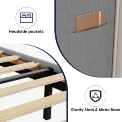 Queen Size Bed Frame With Upholstered Headboard,Wooden Platform Bed Frame With 2 Storage Pockets,Vertical Channel Tufted Wingback,Light Gray -Baxton Studio Sale Shop GUEST 12ccc0ac e5c7 43e5 b117 290400b096e8