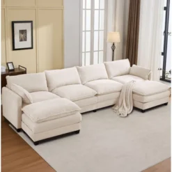 Hyleory Corduroy U-Shaped Sectional Sofa, 4-Seater Couch With 2 Movable Ottomans, Modular Living Room Furniture -Baxton Studio Sale Shop GUEST 12e58913 e617 47a0 b7ec 9bb539df6c9d