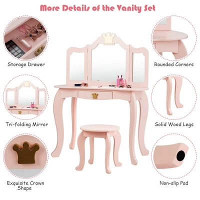 Costway Kids Makeup Dressing Table Chair Set Princess Vanity & Tri-folding Mirror 6 Costway Kids Makeup Dressing Table Chair Set Princess Vanity & Tri-folding Mirror - Image 6