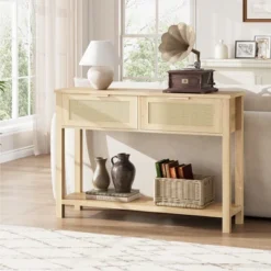 Rattan Entryway Table, Wood Console Table With 2 Drawers, Sofa Table With Storage, Console Tables For Entryway, Living Room, Hallway, Foyer -Baxton Studio Sale Shop GUEST 13a96f51 7c8e 4cf1 806f f25970bea58d