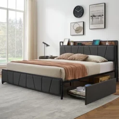 Whizmax Four Size Bed Frame With 2 Storage Drawers And Charging Station, Rustic Linen Upholstered Platform Bed Frame With Storage Headboard, Gray 17 Whizmax Four Size Bed Frame With 2 Storage Drawers And Charging Station, Rustic Linen Upholstered Platform Bed Frame With Storage Headboard, Gray -Baxton Studio Sale Shop GUEST 1463e9d5 d204 48d8 883e bcaf18f97ed1