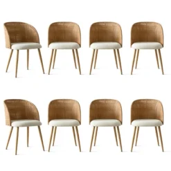 Set Of 8 Rattan Dining Chairs, Mid-Century Upholstered Cane Back Chairs With Armrests, Wood-Look Metal Legs For Dining Room & Kitchen-Maison Boucle