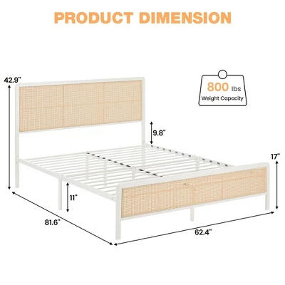 Whizmax Rattan Bed Frame With Led Light Headboard, Bohemian Style Cane Boho Bed Frames With Heavy Duty Steel Slat Support, No Box Spring Needed, White 7 Whizmax Rattan Bed Frame With Led Light Headboard, Bohemian Style Cane Boho Bed Frames With Heavy Duty Steel Slat Support, No Box Spring Needed, White - Image 7