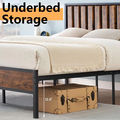 Bed Frame With Headboard Footboard Rustic Wood Farmhouse Platform Metal Wrought Rod Slat Bedframe, No Box Spring Needed, Easy Assembly 4 Bed Frame With Headboard Footboard Rustic Wood Farmhouse Platform Metal Wrought Rod Slat Bedframe, No Box Spring Needed, Easy Assembly - Image 4