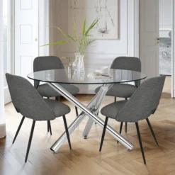 Eileen+Edwin 5-Piece Round Clear Glass Dining Table Set With 4 Upholstered Chairs -The Pop Maison -Baxton Studio Sale Shop GUEST 153a37bd 8898 42fd 9079 f20ab7a68184