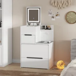 Famapy Space Saving Makeup Vanity W/Light USB Wireless Charging Dressing Vanity Table -Baxton Studio Sale Shop GUEST 1546ed67 f0d6 4a8a aa7c da09fd429d26