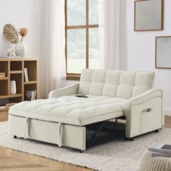 53" Pull-Out Sleeper Sofa Bed With TypeC And USB Charging, Upholstered Loveseats Sofa With Adjsutable Back And Two Arm Pocket - ModernLuxe