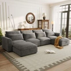U-shaped Freely Transformable Modular Corner Sofa,Linen-Like Fabric Sectional Couch With Storage Ottomans,Versatile Living Room Sofa-Cuddlewood -Baxton Studio Sale Shop GUEST 178c9486 f024 4c2c 8581 fab5cb42e202
