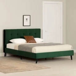 Queen Flam Upholstered Complete Platform Bed Dark Green - South Shore