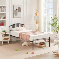 VECELO Queen/Full/Twin Bed Frame With Arched Headboard, Metal Platform Bed Frame With Underbed Storage Space, Black/White/Gold