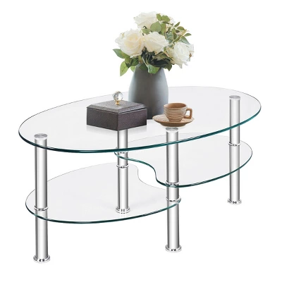 Costway Tempered Glass Oval Side Coffee Table Shelf Chrome Base Living Room Clear 6 Costway Tempered Glass Oval Side Coffee Table Shelf Chrome Base Living Room Clear - Image 6