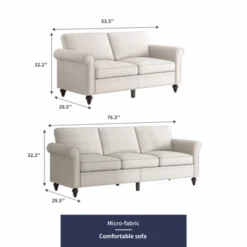 Mjkone 2 Piece Living Room Sofa Set With Rivet Design,Linen Fabric W76''3-Seater Sofa Couch With W53''Loveseat Sofa