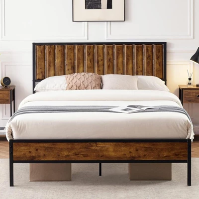 Bed Frame With Headboard Footboard Rustic Wood Farmhouse Platform Metal Wrought Rod Slat Bedframe, No Box Spring Needed, Easy Assembly 2 Bed Frame With Headboard Footboard Rustic Wood Farmhouse Platform Metal Wrought Rod Slat Bedframe, No Box Spring Needed, Easy Assembly - Image 2