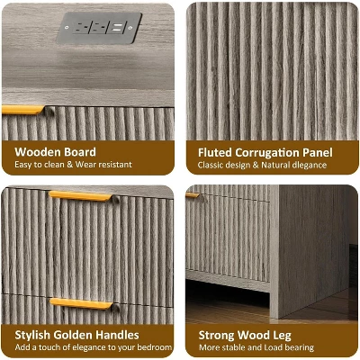 Boersma Fluted Nightstand Set Of 2, 23" Modern Night Stand With Charging Station,Side Table With 2 Drawers,End Table With Storage,Farmhouse Sofa 5 Boersma Fluted Nightstand Set Of 2, 23" Modern Night Stand With Charging Station,Side Table With 2 Drawers,End Table With Storage,Farmhouse Sofa - Image 5