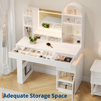 Arched Vanity Desk With Mirror And Lights, Makeup Vanity Table With 3 Drawers And 11 Storage Shelves, Large Dressing Table With Outlet 3 Arched Vanity Desk With Mirror And Lights, Makeup Vanity Table With 3 Drawers And 11 Storage Shelves, Large Dressing Table With Outlet - Image 3