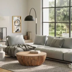 WyndenHall Keystone Drum Coffee Table Natural: Mango Wood, Modern Industrial Style, No Assembly Required