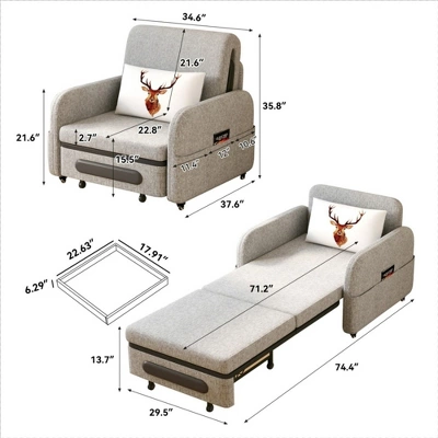 Luck Live Adjustable Sleeper Chair Pullout Sofa Bed With Modern Linen Fabric For Living Room 4 Luck Live Adjustable Sleeper Chair Pullout Sofa Bed With Modern Linen Fabric For Living Room - Image 4