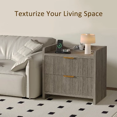 Boersma Fluted Nightstand Set Of 2, 23" Modern Night Stand With Charging Station,Side Table With 2 Drawers,End Table With Storage,Farmhouse Sofa 1 Boersma Fluted Nightstand Set Of 2, 23" Modern Night Stand With Charging Station,Side Table With 2 Drawers,End Table With Storage,Farmhouse Sofa