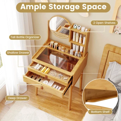 Costway 23.5" Compact Makeup Table Set With 2 Drawers Open Storage Shelves Vanity Stool 5 Costway 23.5" Compact Makeup Table Set With 2 Drawers Open Storage Shelves Vanity Stool - Image 5