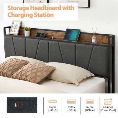 Whizmax Four Size Bed Frame With 2 Storage Drawers And Charging Station, Rustic Linen Upholstered Platform Bed Frame With Storage Headboard, Gray 2 Whizmax Four Size Bed Frame With 2 Storage Drawers And Charging Station, Rustic Linen Upholstered Platform Bed Frame With Storage Headboard, Gray - Image 2