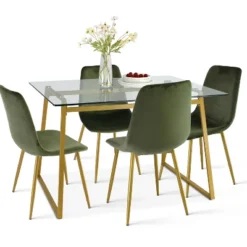 Mona+Bingo 5 Piece Gold Rectangular Clear Tempered Transparent Glass Table With 4 Upholstered Side Chairs-Maison Boucle