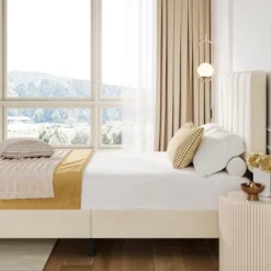 Bed Frame, Upholstered Full Size With Adjustable Headboard - Velvet Tufted Platform Bedframe, No Box Spring Needed, Beige -Baxton Studio Sale Shop GUEST 21527627 ada1 4775 9bcf 0bcbf1cf8560